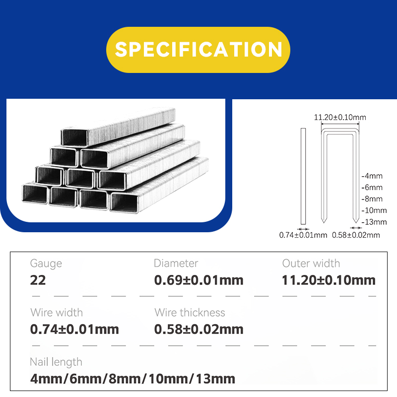 Rhinails 10F Series 22 Gauge Galvanized Pneumatic Staples (4mm to 13mm Length)