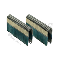 Rhinails ring shank fence staples 40-50mm securing barbed wire to wooden post on livestock farm with close-up of ring grip