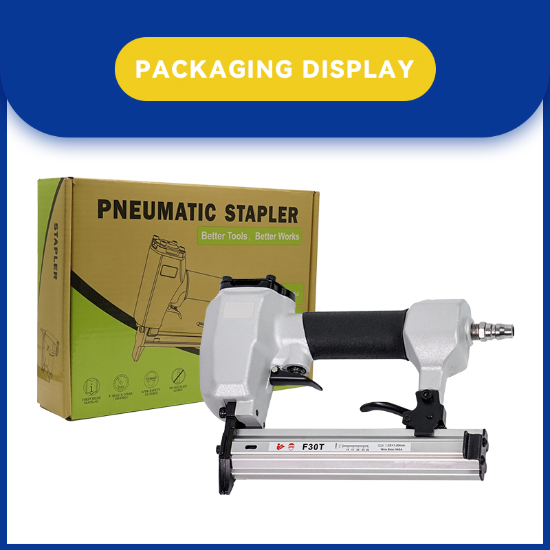 Close-up of pneumatic nailer joining furniture parts using 10mm brads