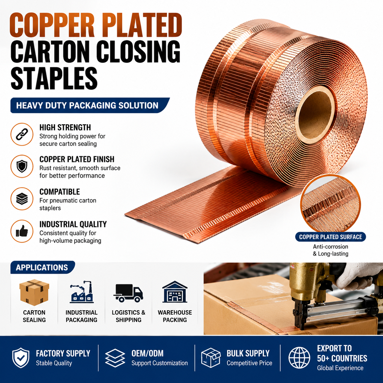 Galvanized 1.45mm Wire Diameter Industrial Carton Closing Staples Nails for Corrugated Box Sealing Packaging Line